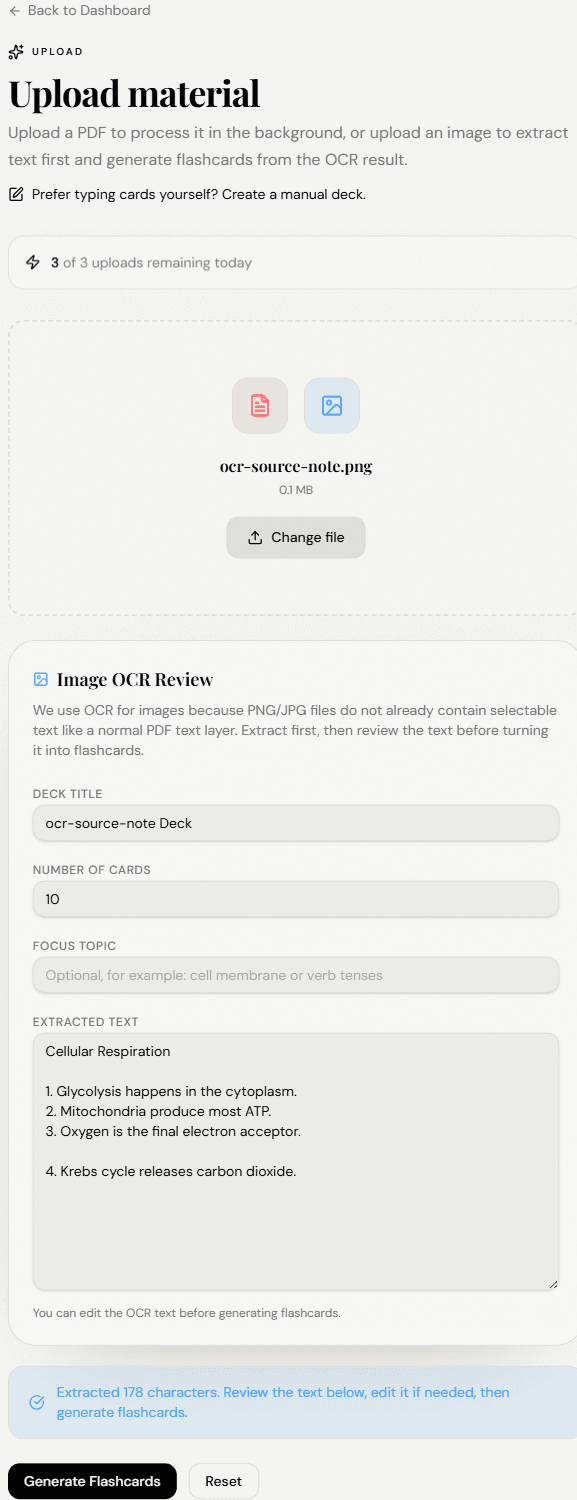 StudyAI OCR review screen with extracted text ready for flashcard generation